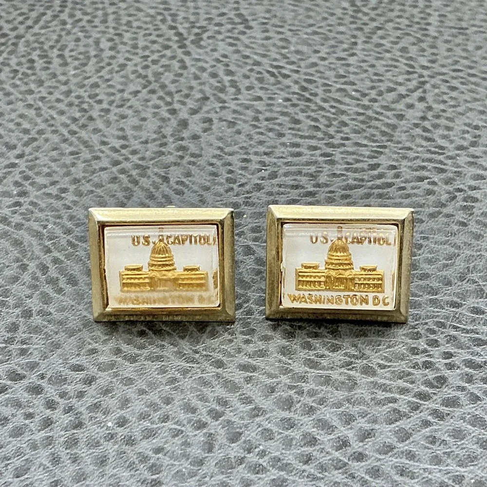 Vintage Washington DC US Capitol Cufflinks Tie Clip Set Gold Tone Mens Souvenir